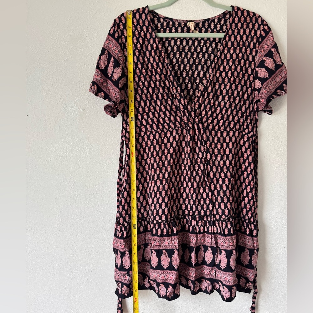 Anthropologie RAGA Faux Wrap Mini Dress Sz M Black Pink Mixed Print Ties Ruffle - Picture 11 of 14